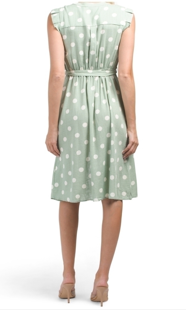 MONTEAU Tie waist Button Polka Dot Green Midi Dress - Picture 3 of 5